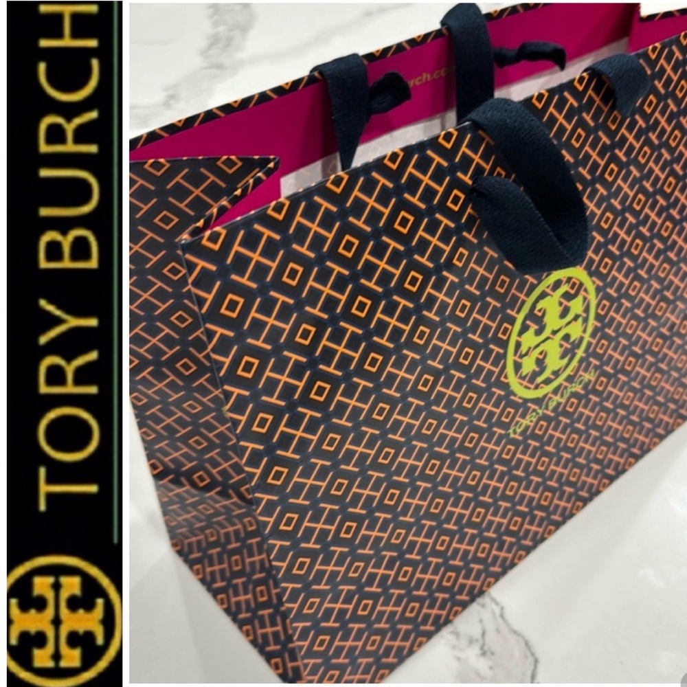 Tory Burch Black and Orange Logo Tote with Hot Pink Lining